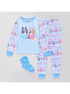 Bluey Kids 3 Piece Pajama And Sock Set Size 4 Blue Pink Flame Resistant Sleepwea